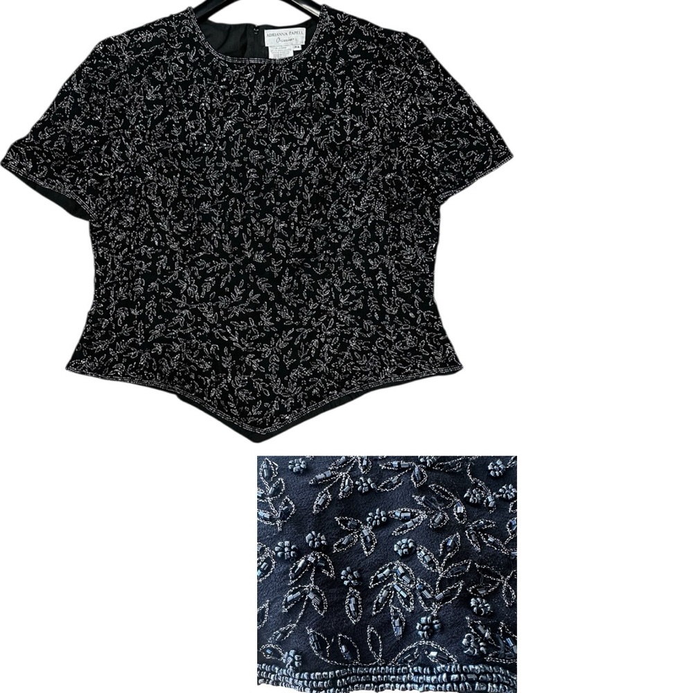 Adrianna Papell Beaded Evening Blouse 16W Black Silk Formal Floral Pointed Hem